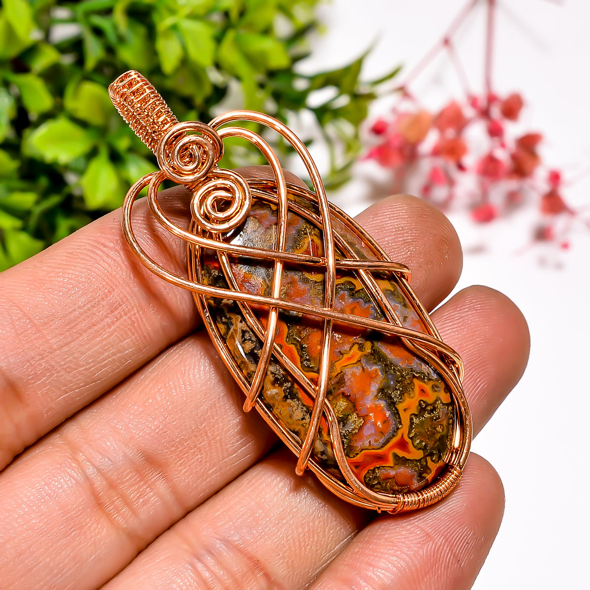 Immaculate A One Quality 100% Natural Seam Agate Gemstone Oval Vintage Handmade Pure Copper Wire Wrapped Pendant 2.2" 12.6 gms. KR11-63 Sunkarton