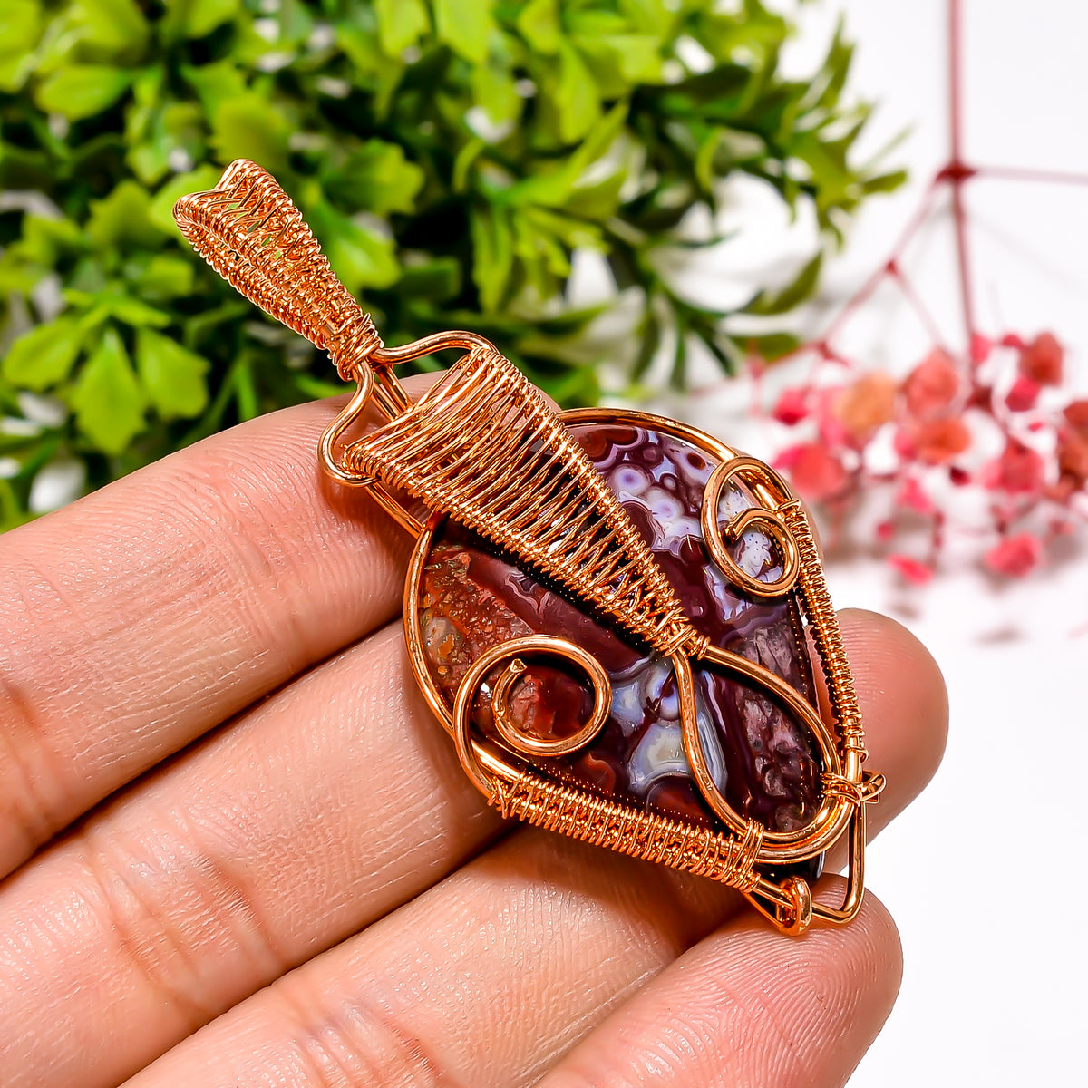 Elegant A One Quality 100% Natural Crazy Lace Agate Gemstone Pear Vintage Handmade Pure Copper Wire Wrapped Pendant 2.4" 12.7 gms. KR11-9 Sunkarton