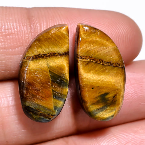Dazzling Top Grade Quality 100% Natural Tiger Eye Fancy Shape Cabochon Loose Gemstone Pair For Making Earrings 20X9X5 MM 20.50 Cts. KR30-31 Sunkarton