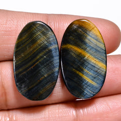 Elegant Top Grade Quality 100% Natural Blue Tiger Eye Oval Cabochon Loose Gemstone Pair For Making Earrings 24X14X4 MM 27.50 Cts. KR30-34 Sunkarton