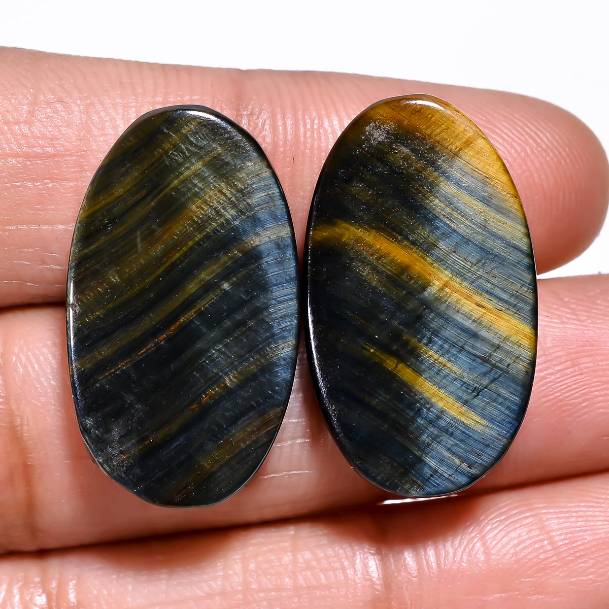 Elegant Top Grade Quality 100% Natural Blue Tiger Eye Oval Cabochon Loose Gemstone Pair For Making Earrings 24X14X4 MM 27.50 Cts. KR30-34 Sunkarton