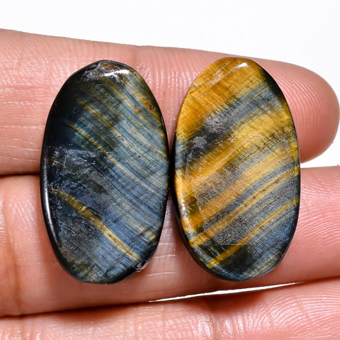 Elegant Top Grade Quality 100% Natural Blue Tiger Eye Oval Cabochon Loose Gemstone Pair For Making Earrings 24X14X4 MM 27.50 Cts. KR30-34 Sunkarton