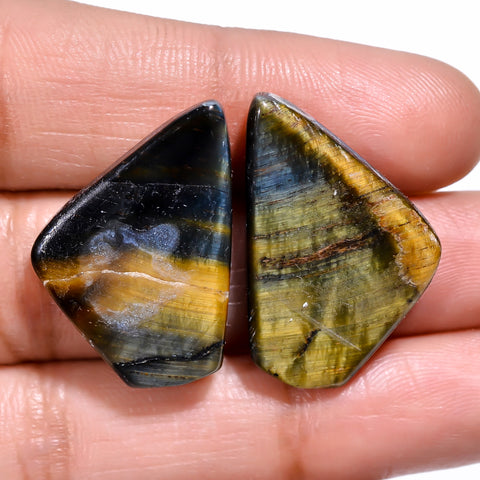 Elegant Top Grade Quality 100% Natural Blue Tiger Eye Fancy Cabochon Loose Gemstone Pair For Making Earrings 25X16X4 MM 28.50 Cts. KR30-86 Sunkarton