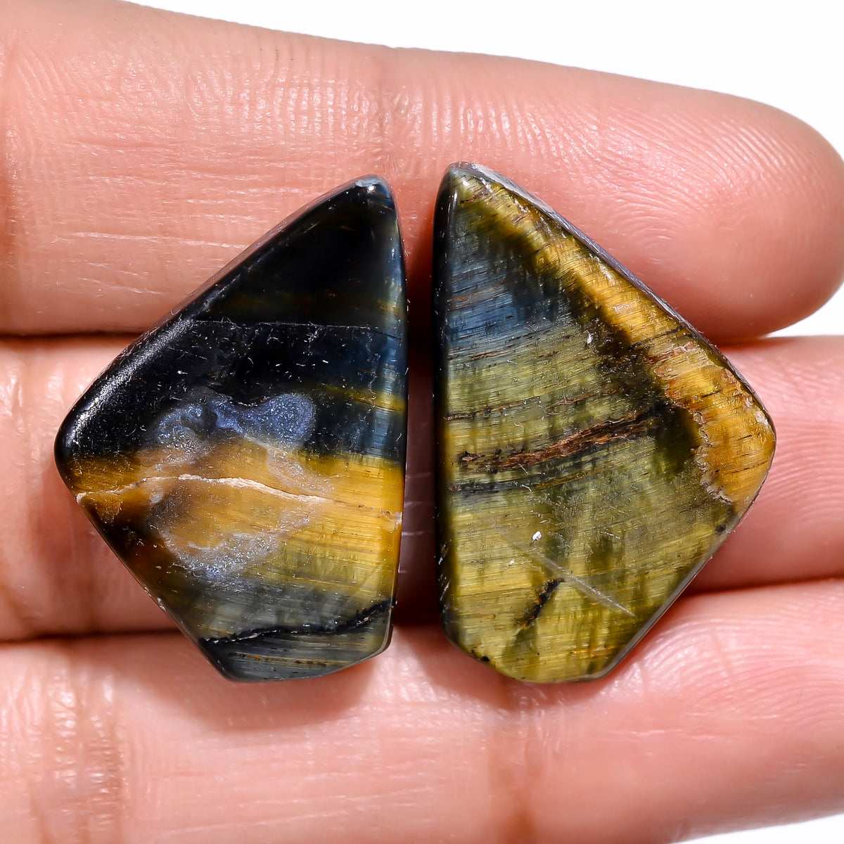 Elegant Top Grade Quality 100% Natural Blue Tiger Eye Fancy Cabochon Loose Gemstone Pair For Making Earrings 25X16X4 MM 28.50 Cts. KR30-86 Sunkarton